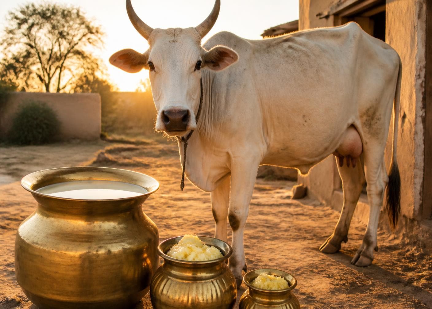 Cow with brass pots of milk and ghee at golden hour